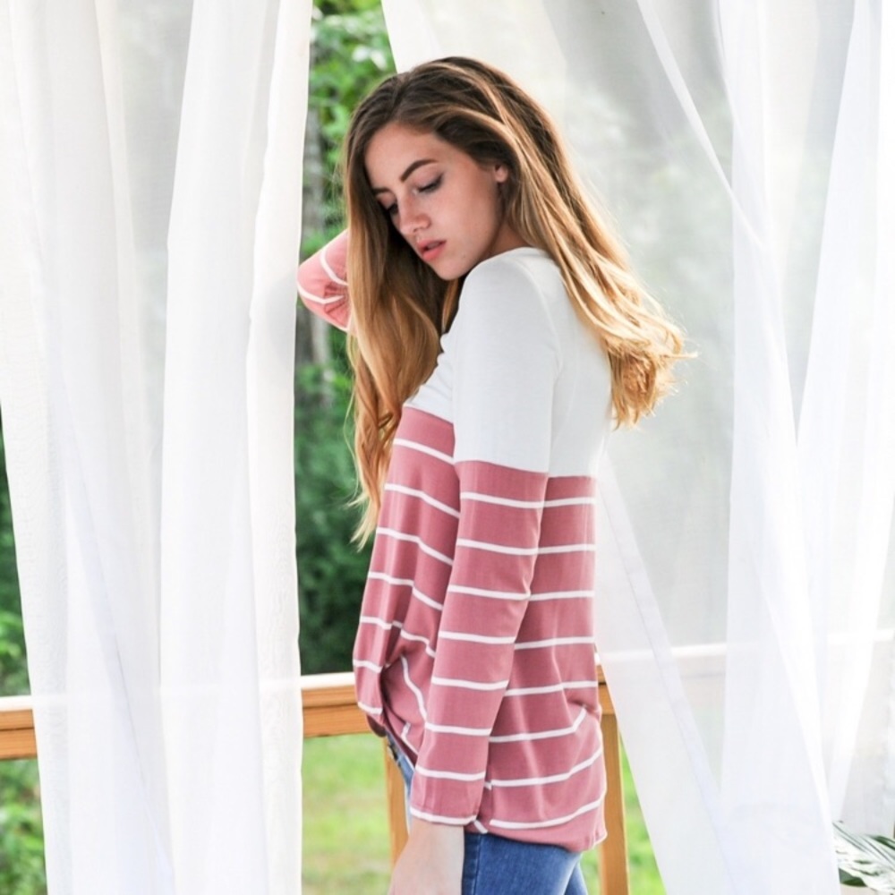 Vine & Love Pink Striped Twist Front Tee S M L - Picture 9 of 11